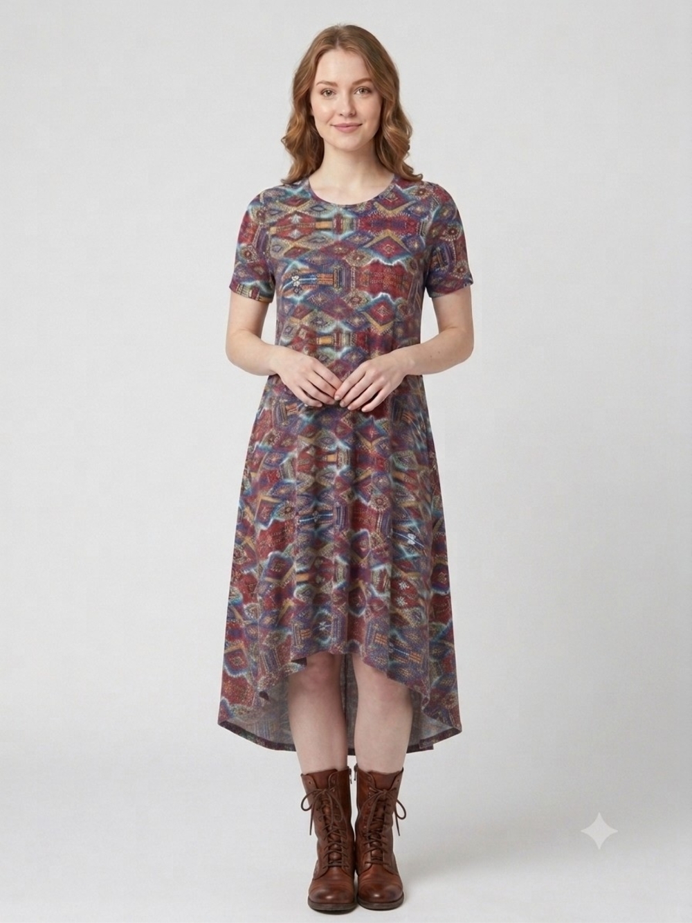 LuLaRoe Boho High-Low Short Sleeve Dress in Burgundy Multi-Pattern
